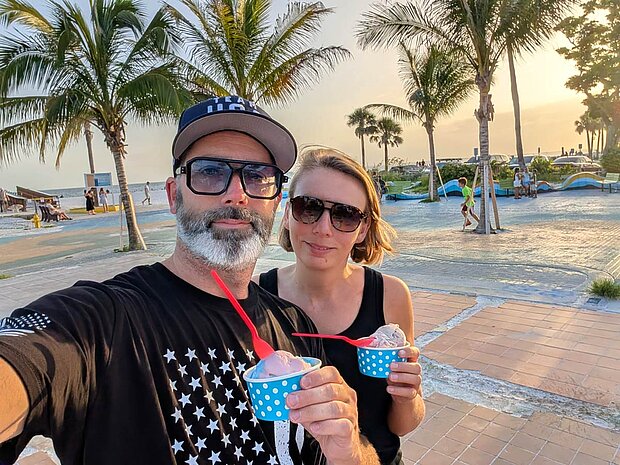 Nina and Chris enjoying ice cream at Fort Myers Beach in Florida