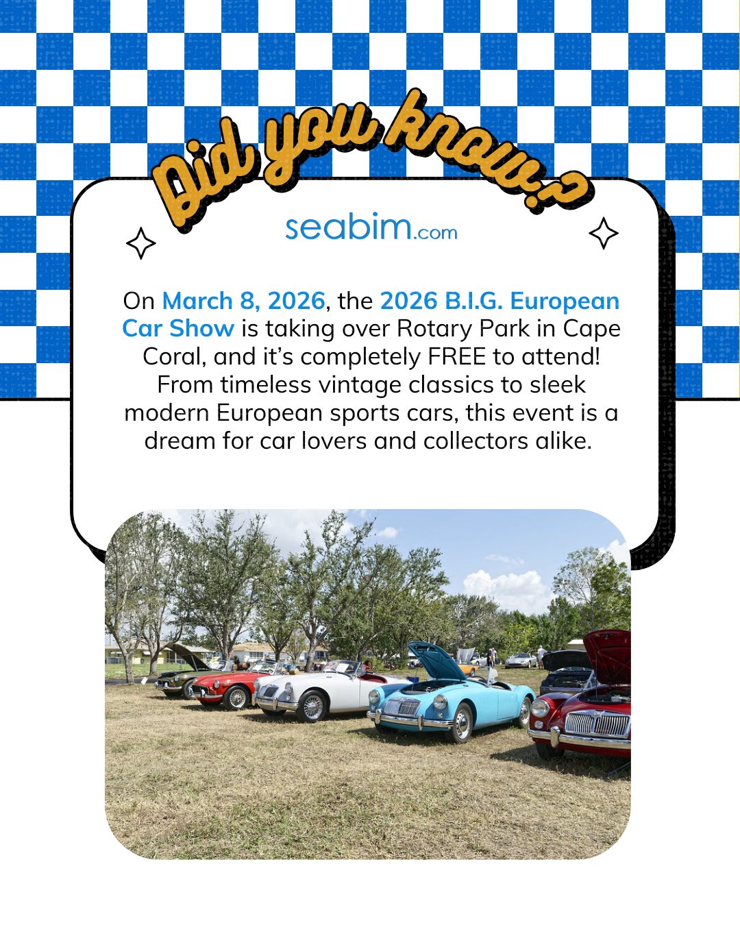 🚘 Car fans, mark your calendars!
March 8, 2026 – Rotary Park, Cape Coral

Tag a friend you’d bring along!

#CapeCoralEvents #CarLovers #CapeCoral