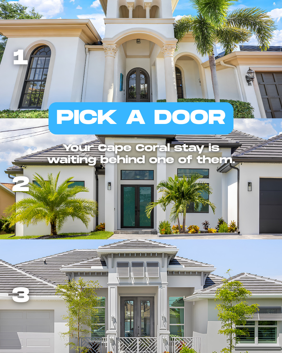 The number you choose is the Cape Coral villa you’re staying in. 👀🌴
Pick 1, 2, or 3, then swipe to reveal your stay.

Explore our villas: link in b...