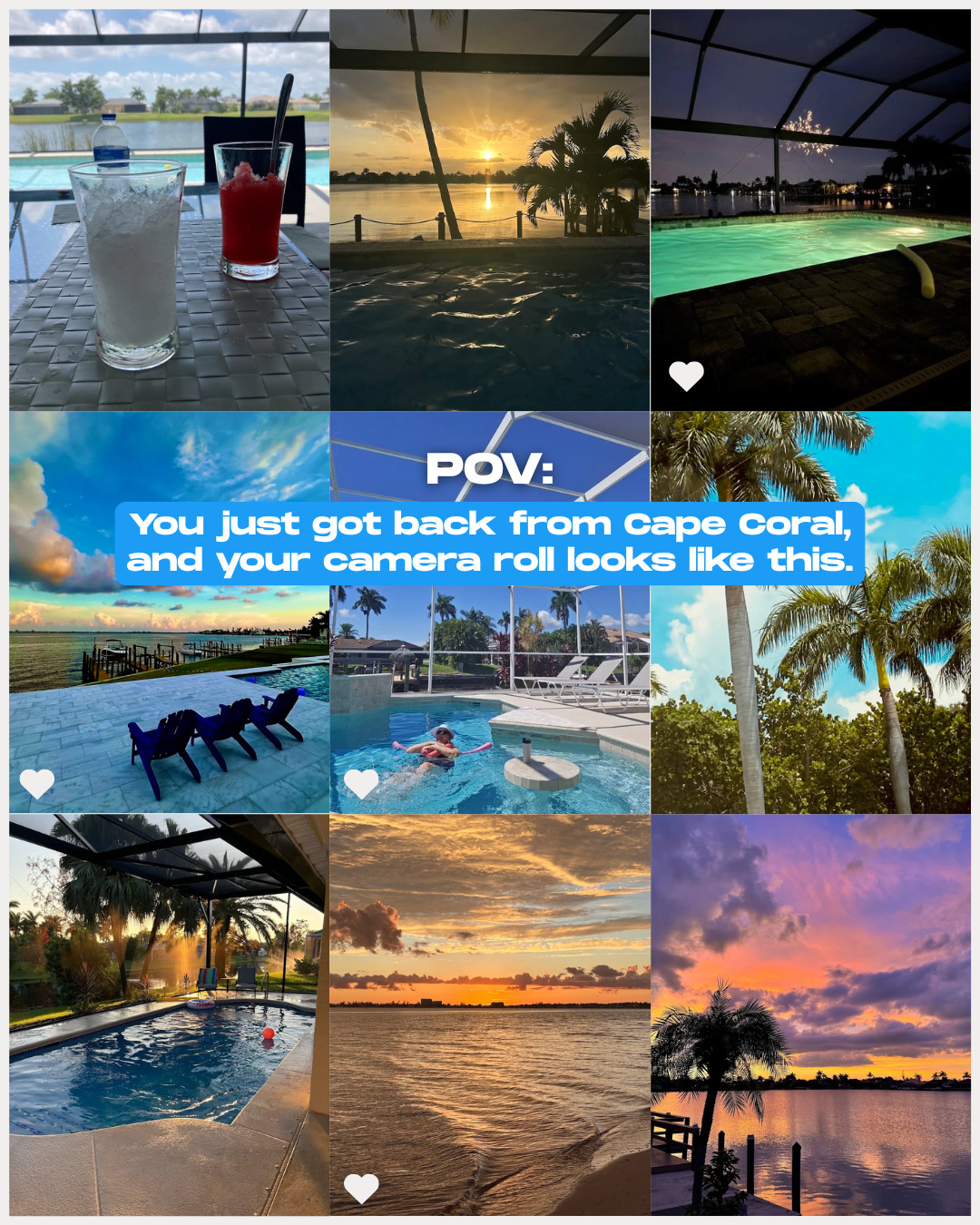 If your camera roll doesn't look like this after a Cape Coral vacation... did you even go? 😉😄

#FloridaVacation #CapeCoral