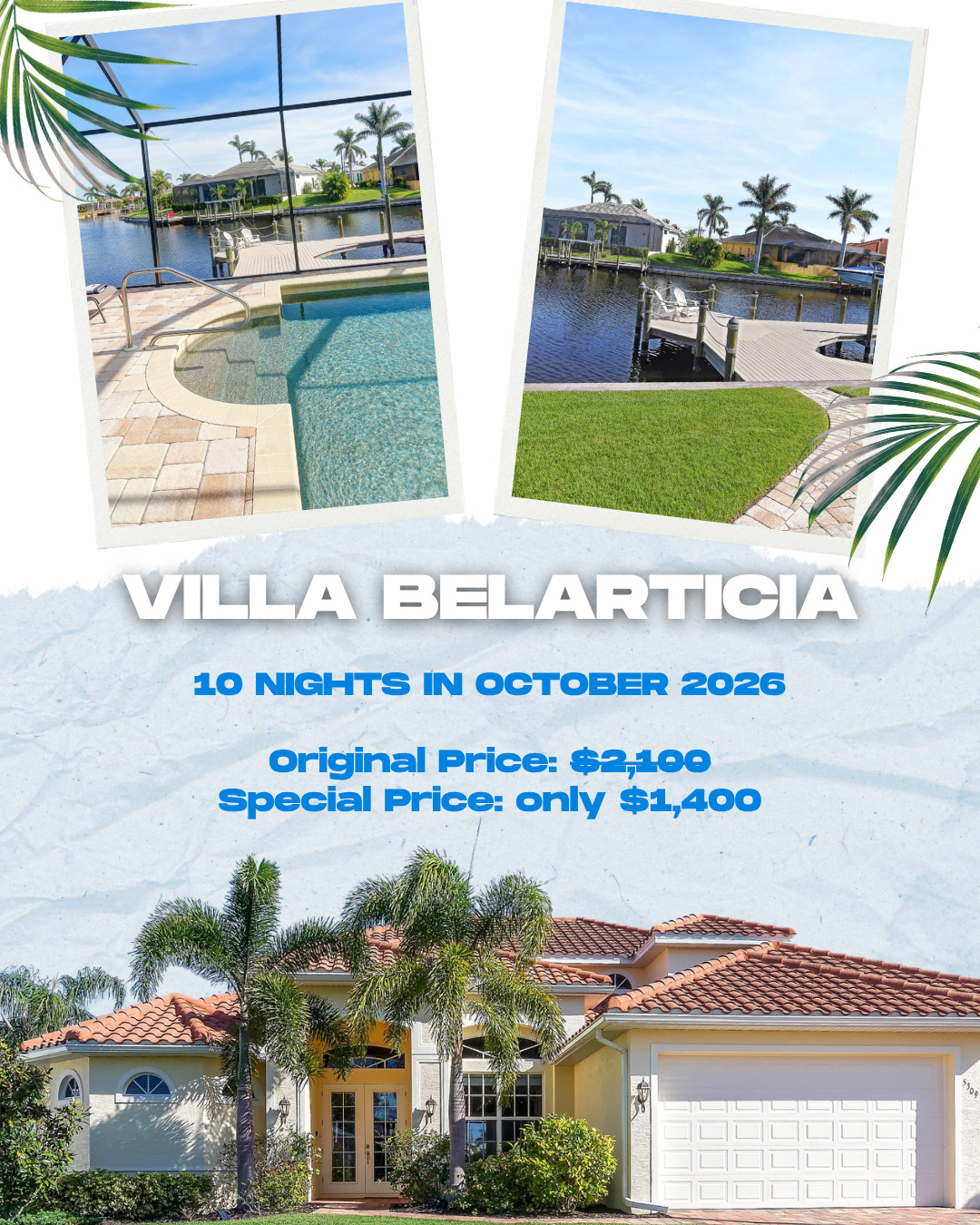Fall in Cape Coral? Even better when it comes with a great deal! 🍂🌴

This October, enjoy 10 nights at Villa BELARTICIA for just $1,400, down from $...