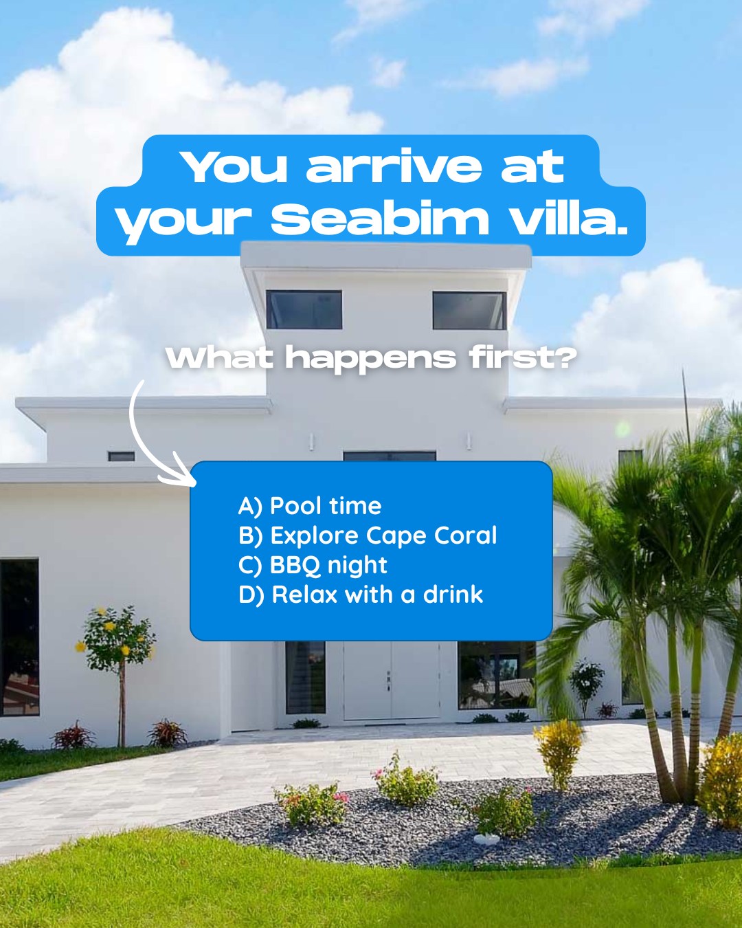 You arrive at your Seabim villa... 🌴

The bags are unpacked, the sun is shining, and vacation mode is officially ON. 😎

Now comes the important dec...