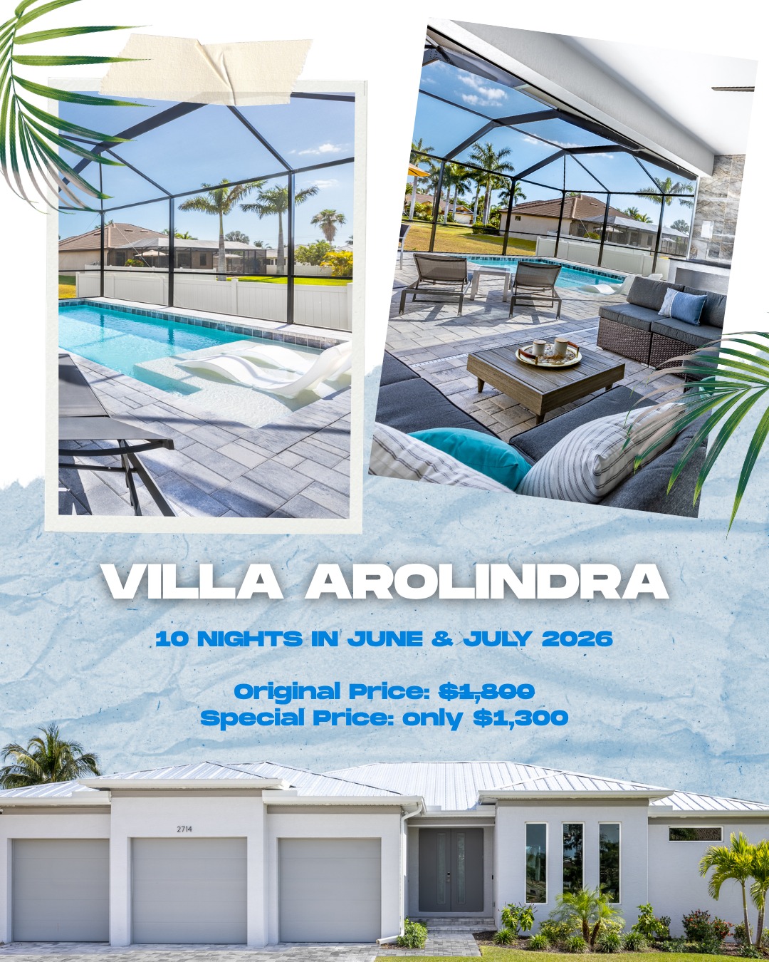 If a private pool, waterfront views, and 10 nights in Cape Coral sound like your kind of vacation...

Meet Villa Arolindra. 😍
Last-minute offer: 💰 ...