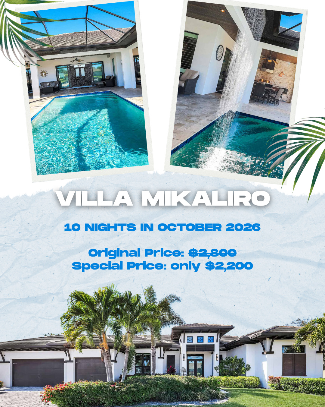 Stay 10 nights at Villa MIKALIRO and save $600 on your getaway. 😎
More time for pool days, Florida sunshine, and everything Cape Coral has to offer...