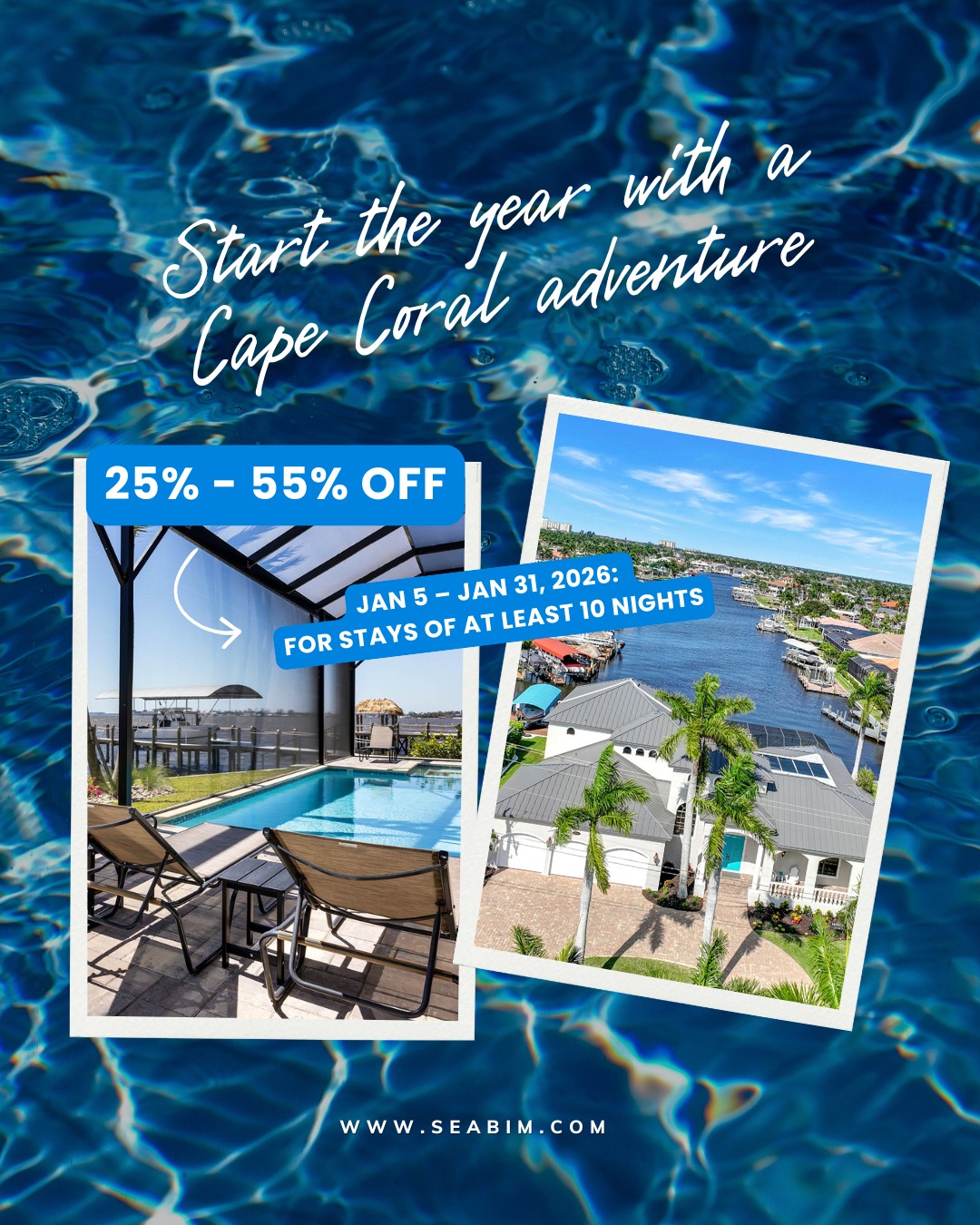 Hey, you… yes, you scrolling! 👀
How about a fresh start to 2026 in sunny Cape Coral?

We’re talking 25%–55% OFF for stays 10 nights or more, Jan 5–...